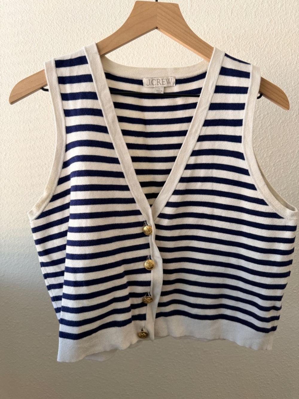 J.Crew Navy and White Striped Knit Vest Sweater L